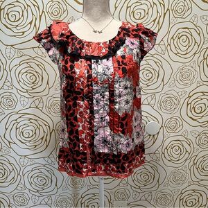 Anthropologie Odille Red and Black Floral Ruffled Silk Blouse